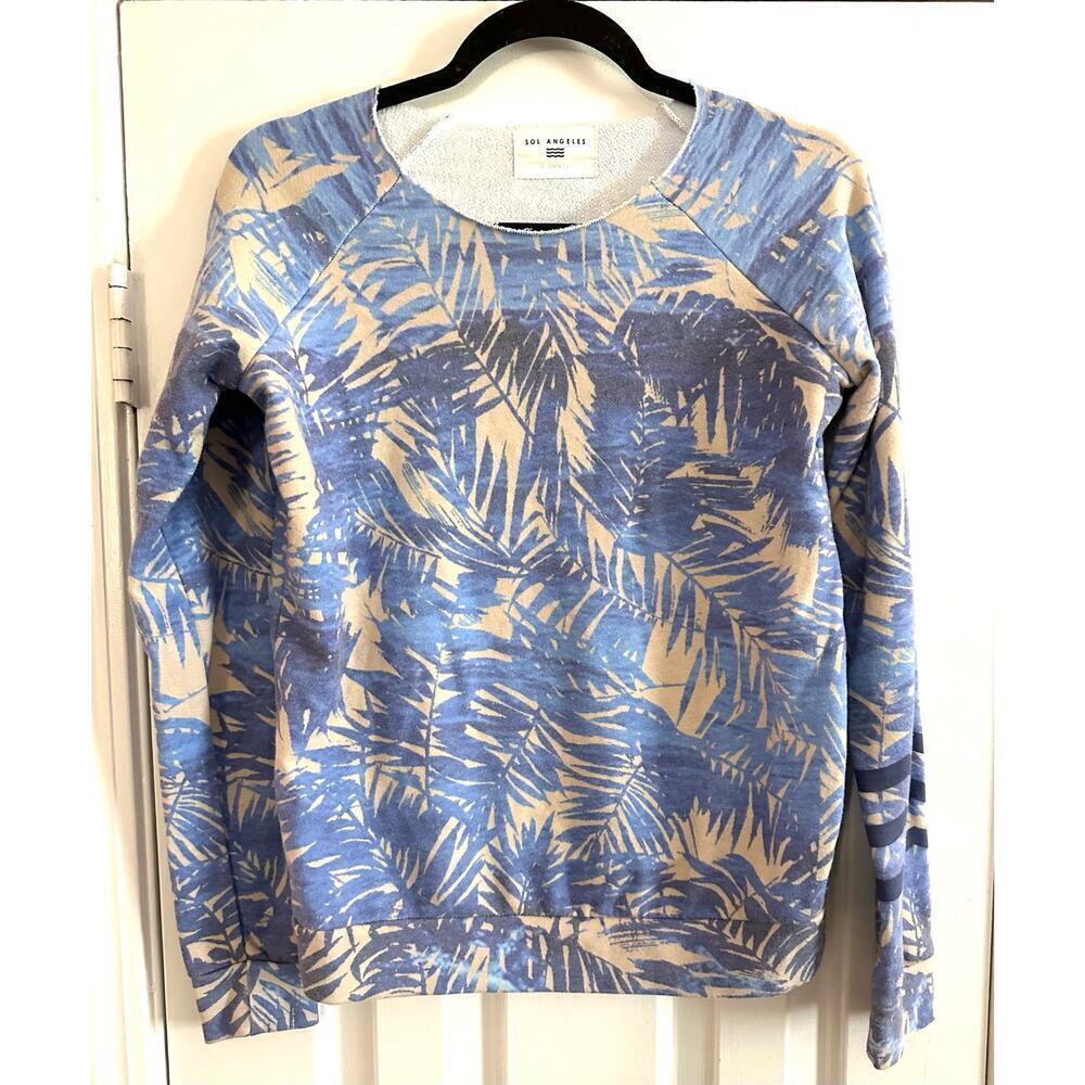 SOL ANGELES Floral Palm Leaf Raw-Cut Neck Cobalt Blue Pullover Sweatshirt - XS - Picture 2 of 5